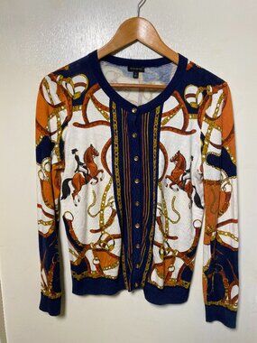 Talbots Equestrian Horse Rider Chain Print Cardigan Sweater Small Preppy
